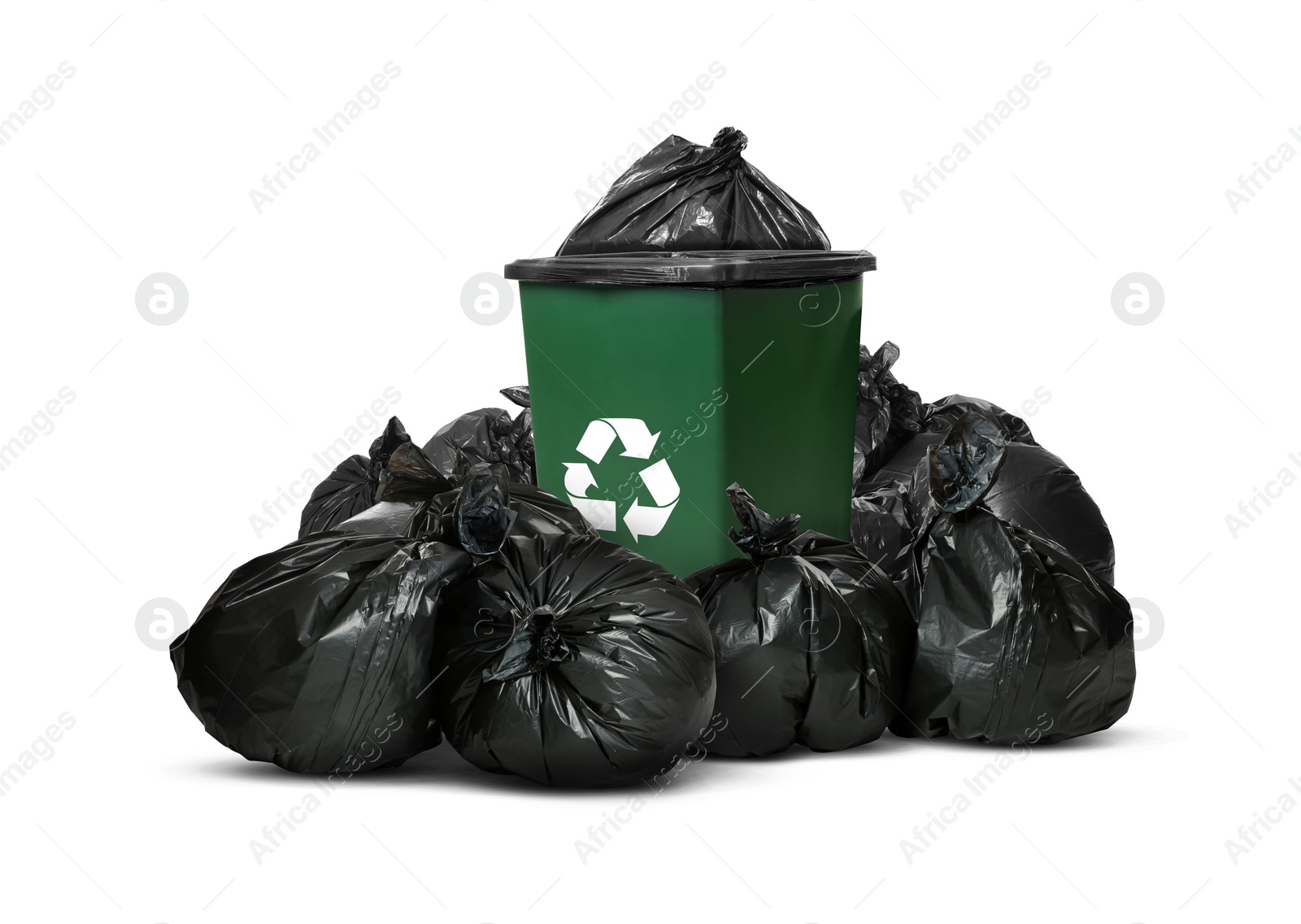 Image of Plastic bags full of garbage and waste bin on white background