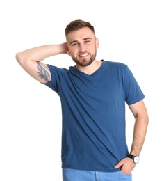 Portrait of handsome happy man on white background