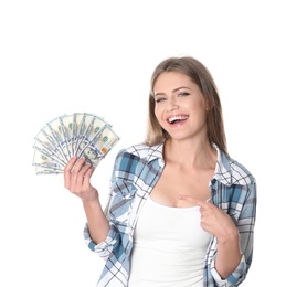 Portrait of happy young woman with money on white background