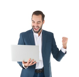 Emotional businessman in office wear with laptop celebrating victory on white background