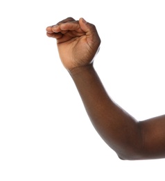 Photo of African-American man showing height on white background, closeup