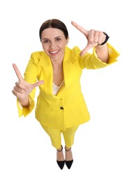 Photo of Beautiful businesswoman in yellow suit on white background, above view