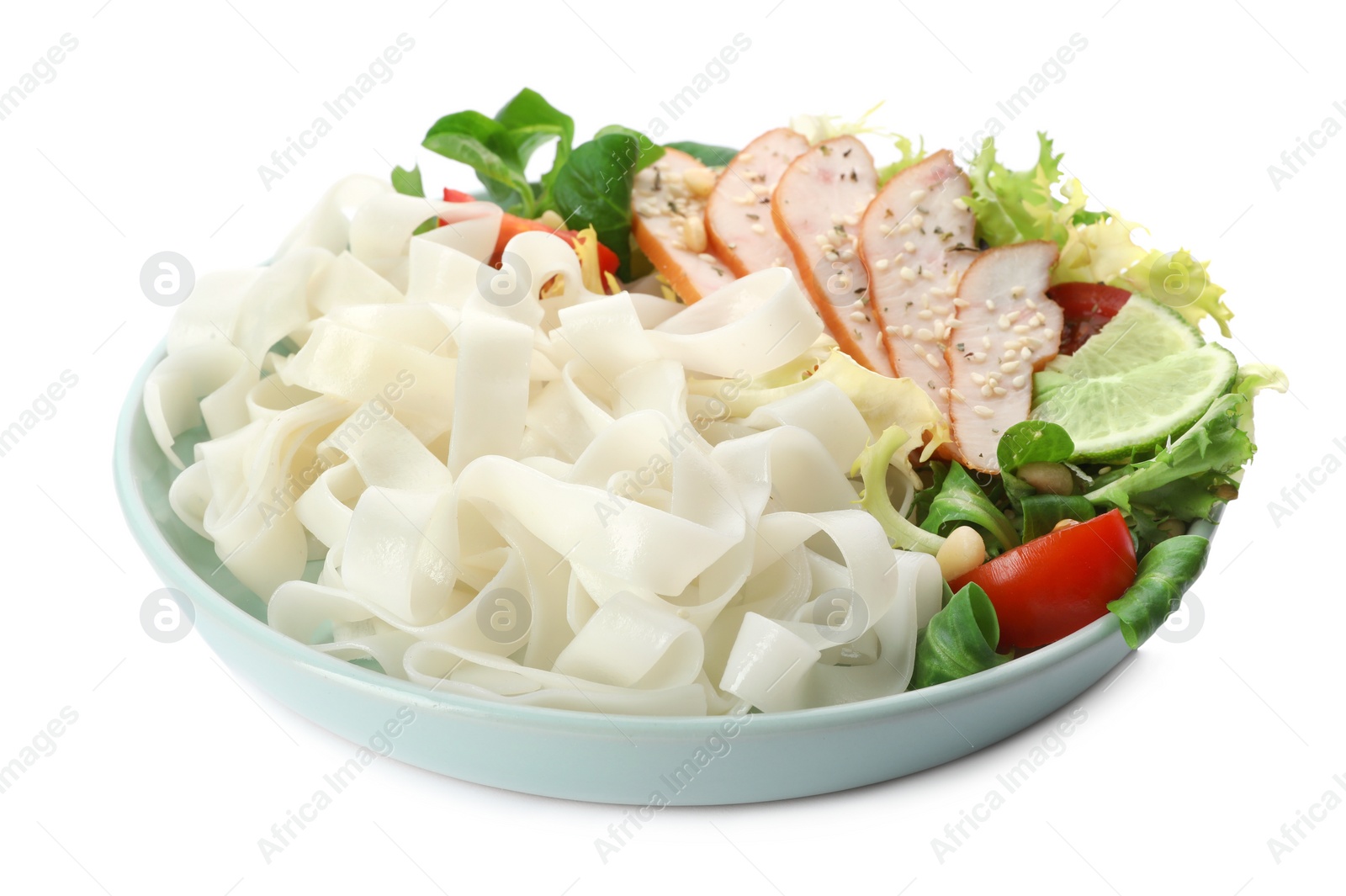 Photo of Tasty cooked rice noodles with chicken and vegetables isolated on white