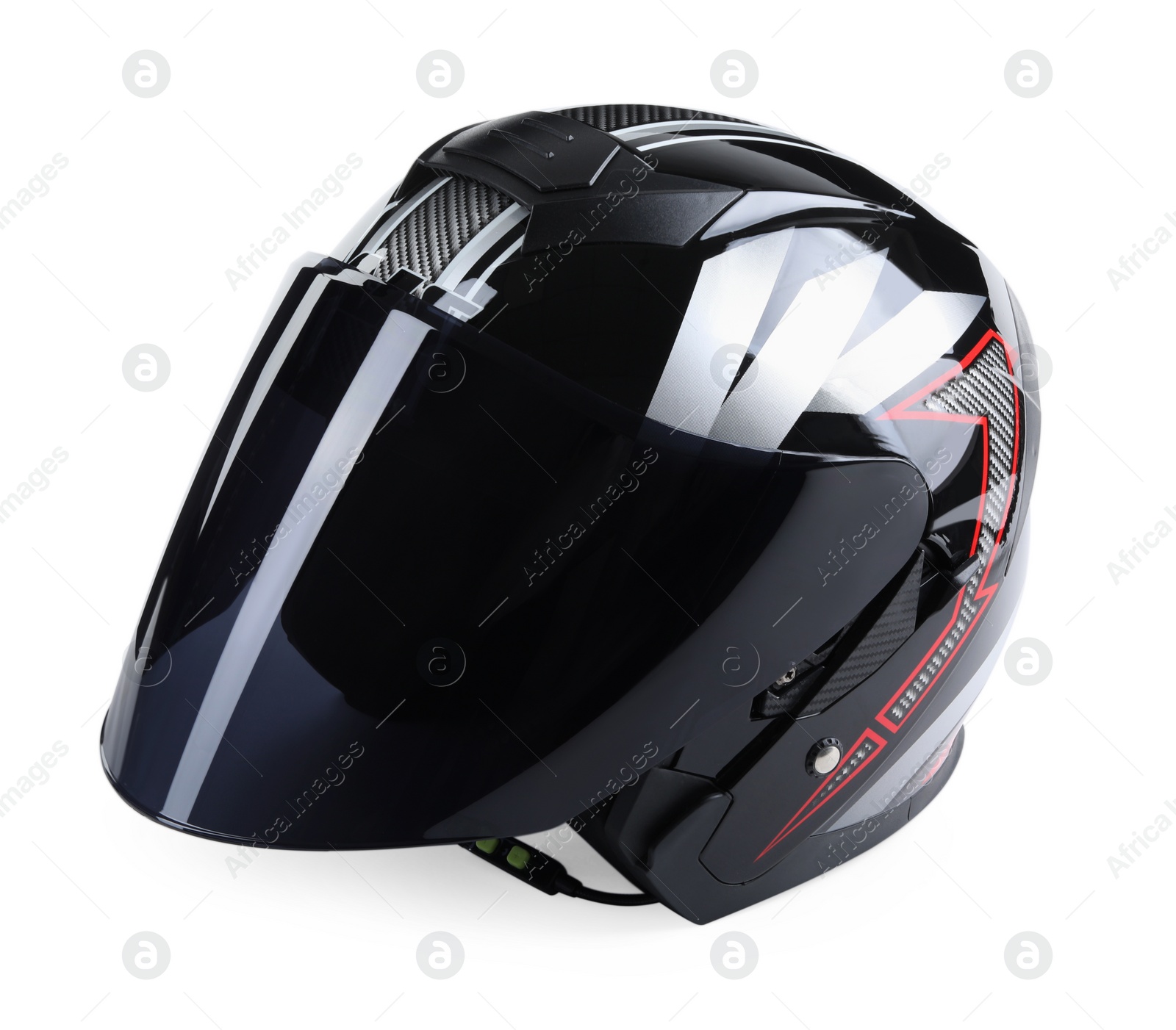 Photo of Modern motorcycle helmet with visor isolated on white