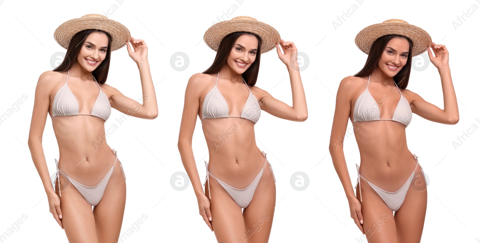 Image of Solarium tan. Woman in bikini with different skin tones on white background, collage