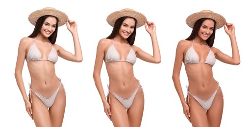 Solarium tan. Woman in bikini with different skin tones on white background, collage