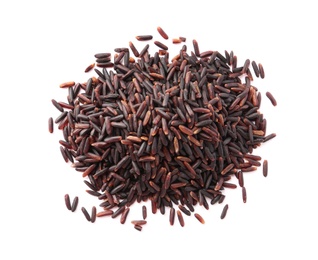 Photo of Uncooked black rice on white background, top view