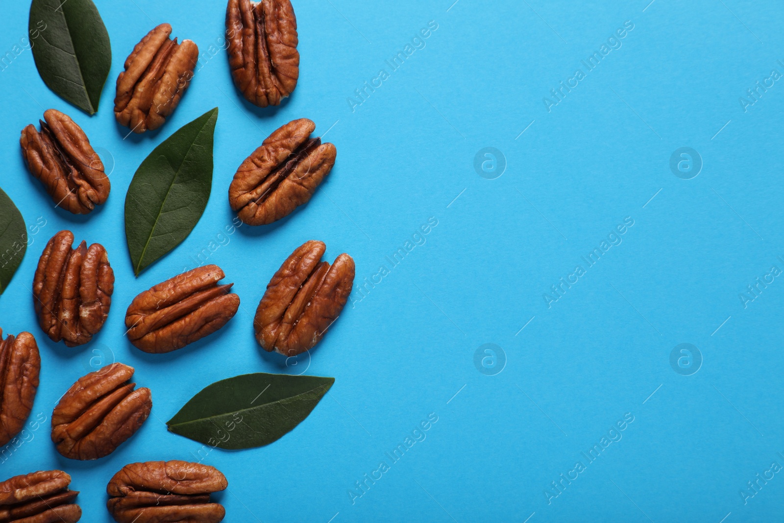 Photo of Delicious pecan nuts and green leaves on light blue background, flat lay. Space for text