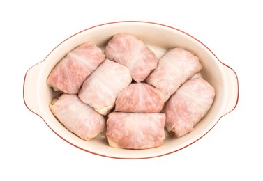 Stuffed cabbage rolls in baking dish isolated on white, top view