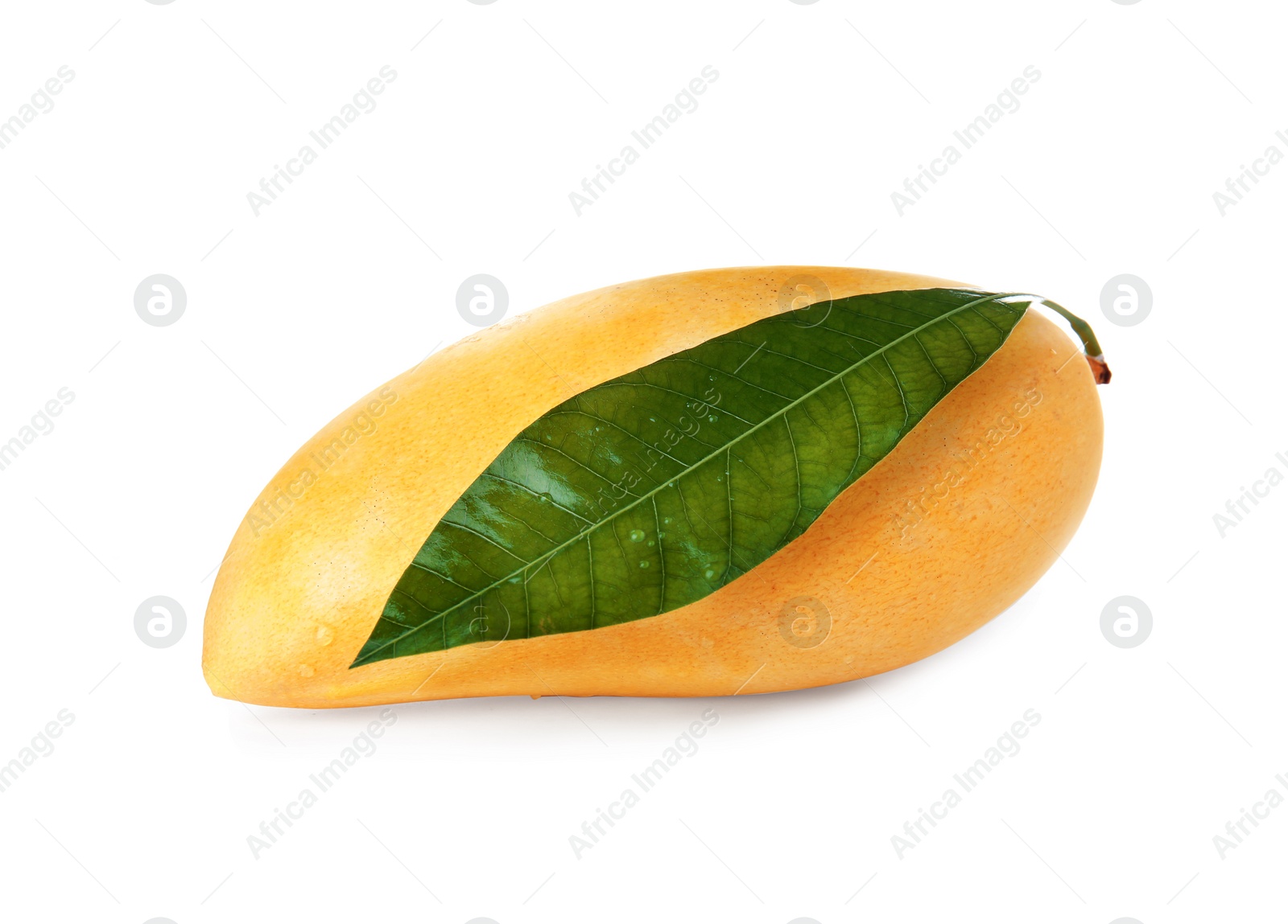 Photo of Fresh ripe mango with green leaf isolated on white