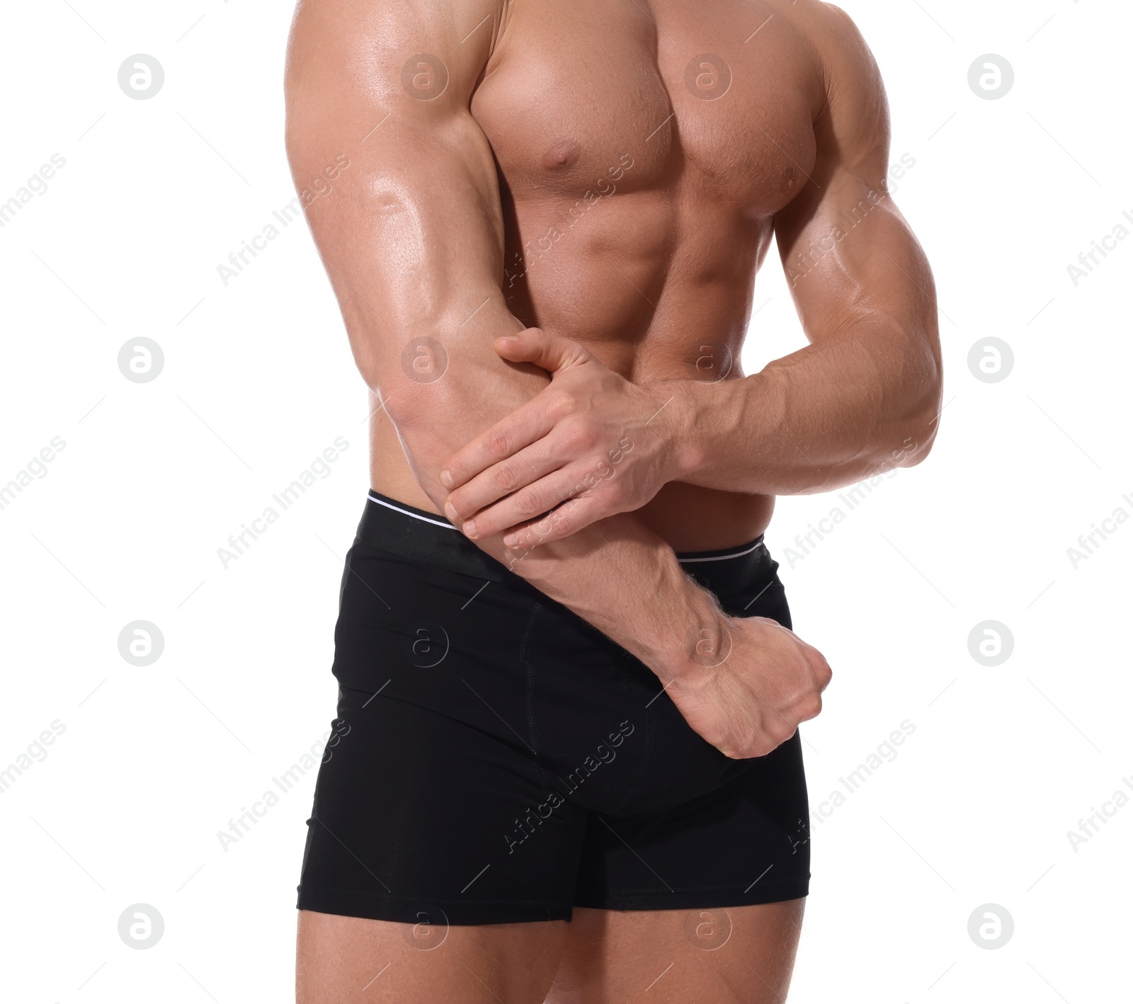 Photo of Young man is stylish black underwear on white background, closeup