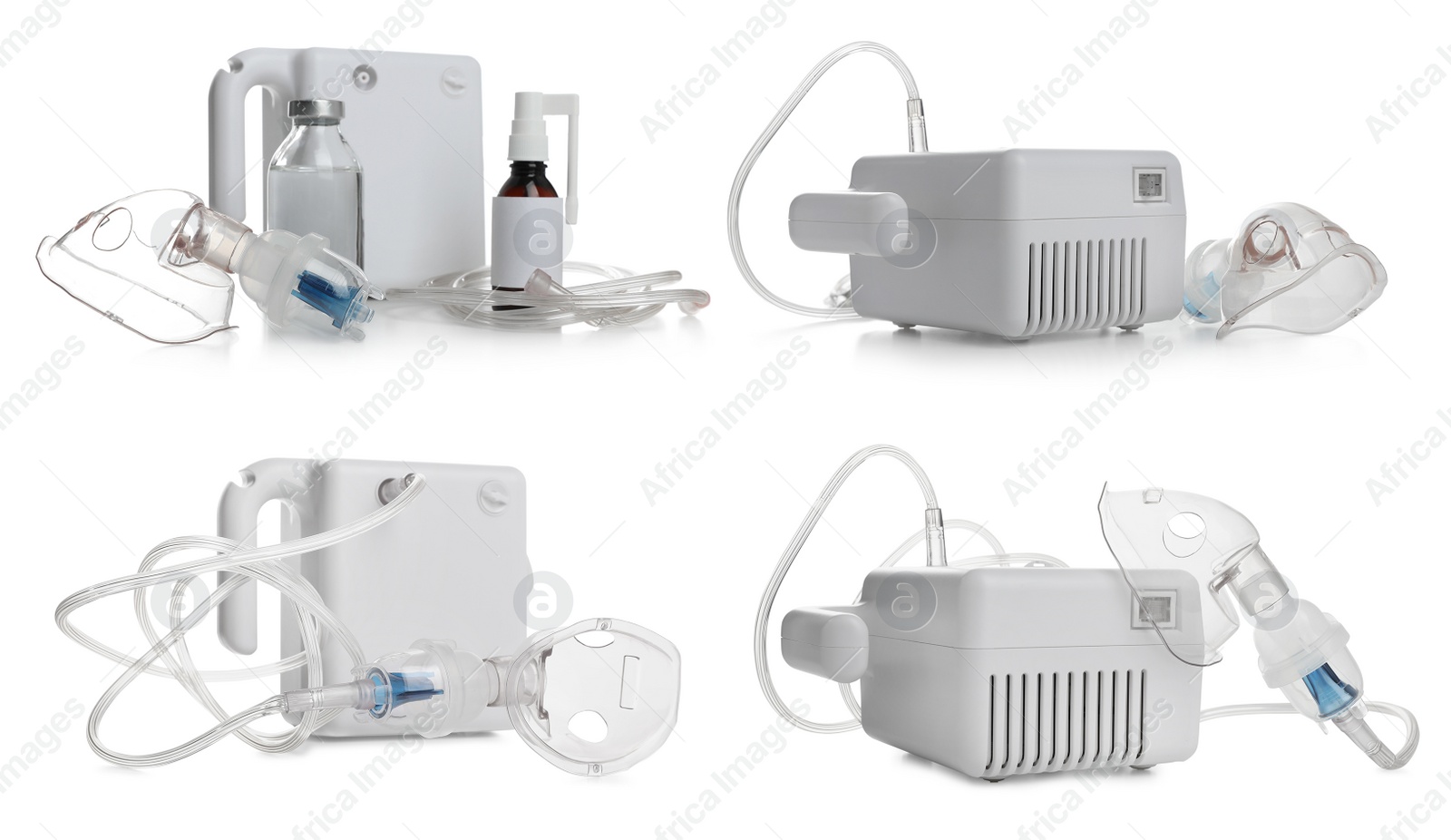 Image of Set of modern nebulizers on white background. Inhalation equipment