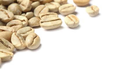 Photo of Green coffee beans and space for text on white background