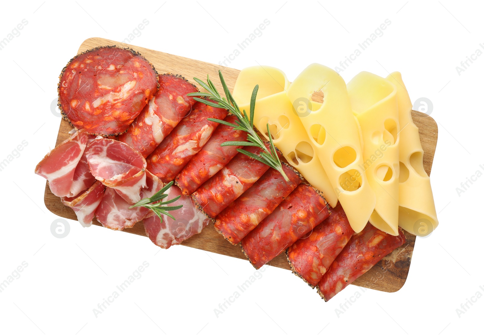 Photo of Charcuterie board. Delicious cured ham, cheese, sausage and rosemary isolated on white, top view