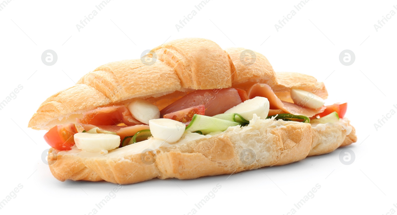 Photo of Tasty croissant sandwich with salmon on white background