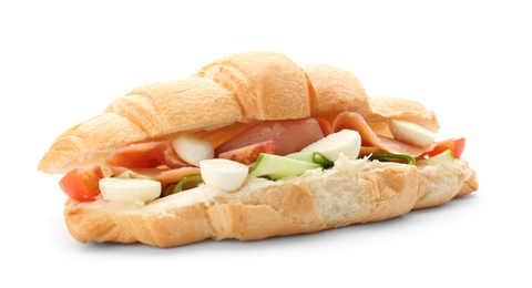 Photo of Tasty croissant sandwich with salmon on white background