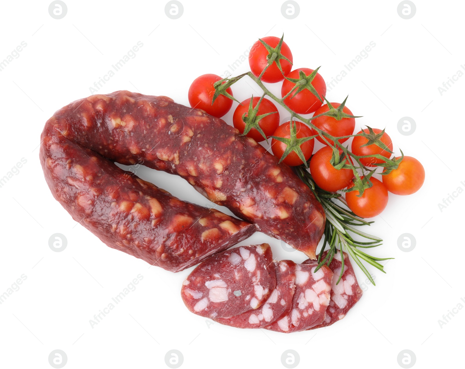 Photo of Delicious cut smoked sausage, tomatoes and rosemary isolated on white, top view