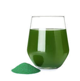 Photo of Glass of spirulina drink and powder on white background