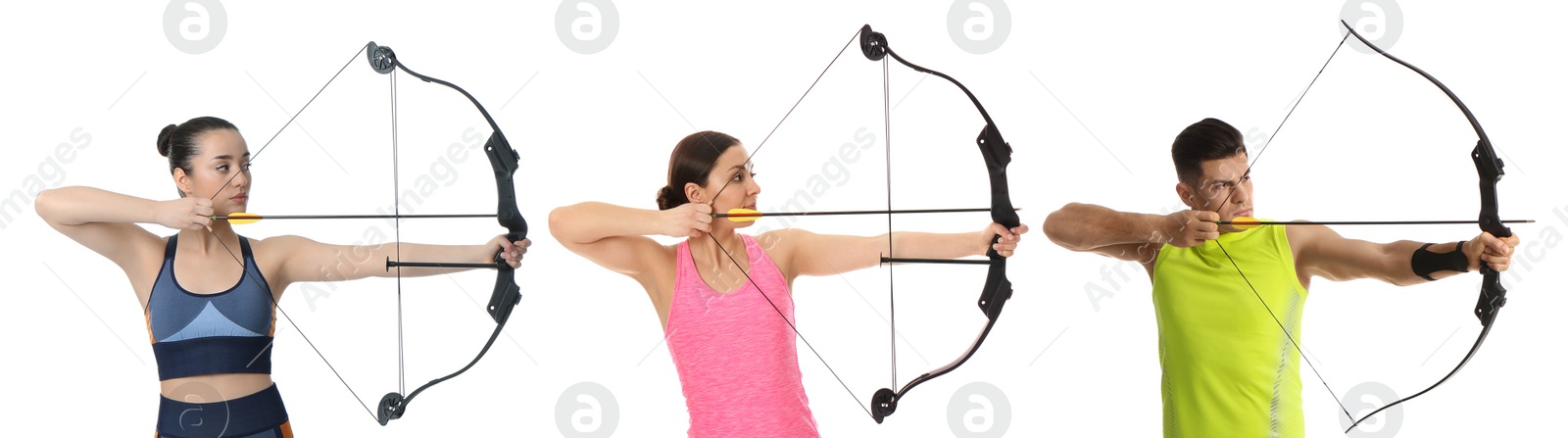 Image of People practicing archery on white background, collage. Banner design