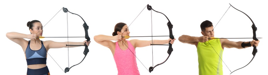 People practicing archery on white background, collage. Banner design