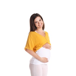 Happy pregnant woman posing on white background