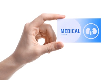 Photo of Woman holding medical business card isolated on white, closeup. Nephrology service