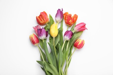 Photo of Beautiful colorful tulip flowers on white background, flat lay