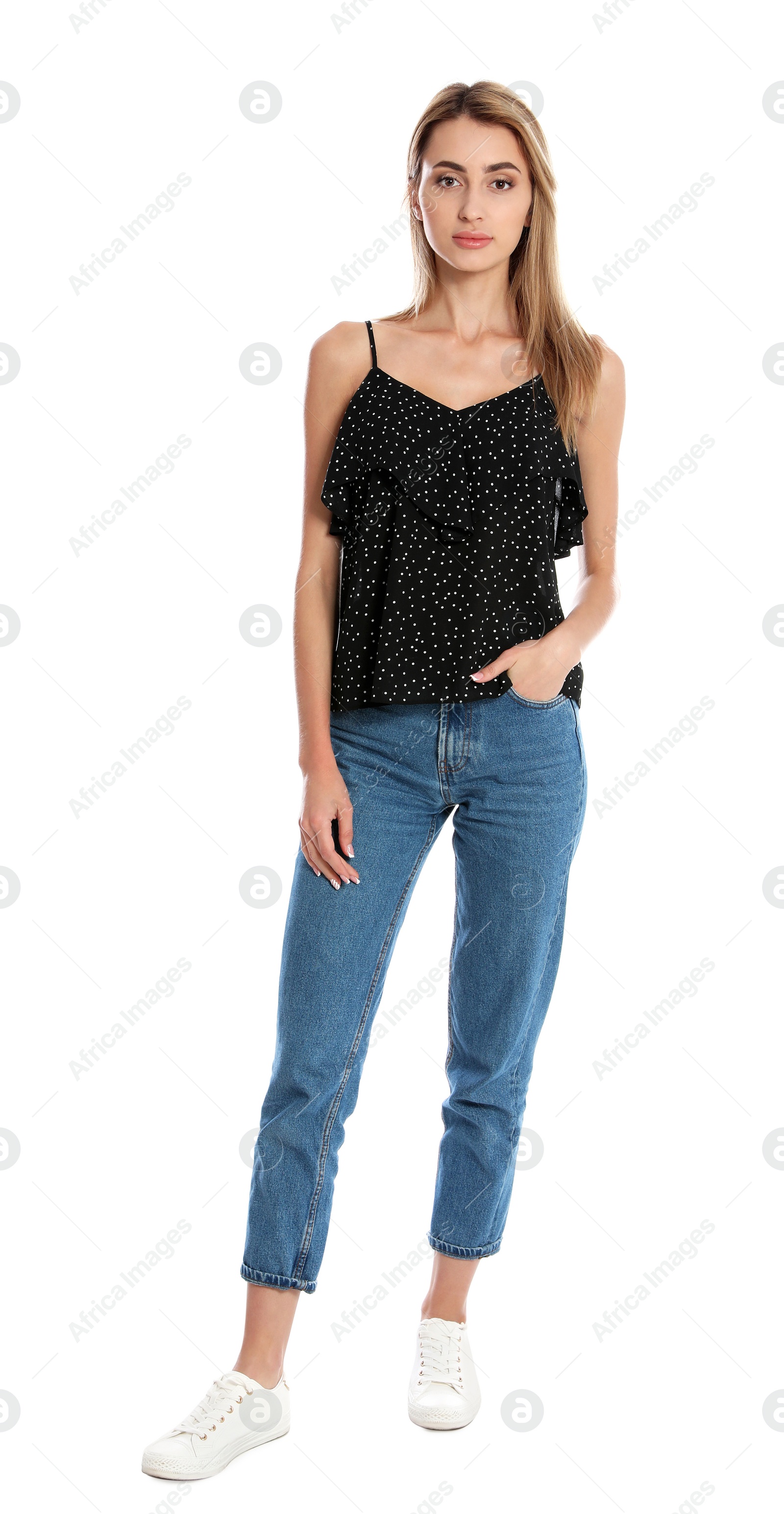 Photo of Beautiful young woman posing on white background