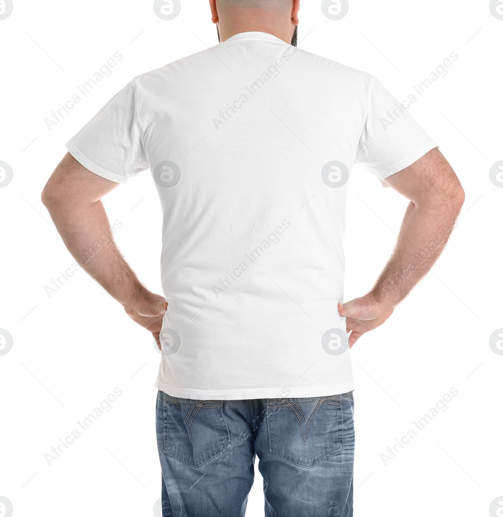 Photo of Overweight man isolated on white, closeup. Weight loss