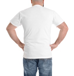 Overweight man isolated on white, closeup. Weight loss