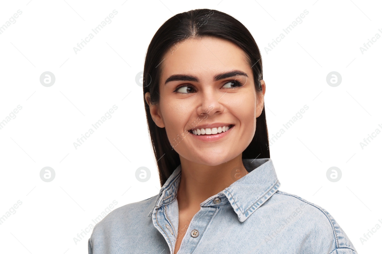 Photo of Young woman with clean teeth smiling on white background