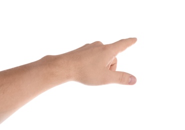 Man pointing at something on white background, closeup of hand