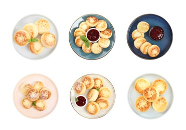 Image of Set with delicious cottage cheese pancakes on white background, top view