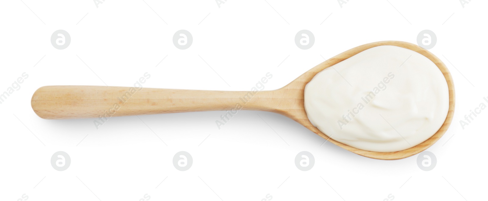 Photo of One wooden spoon with mayonnaise isolated on white, top view