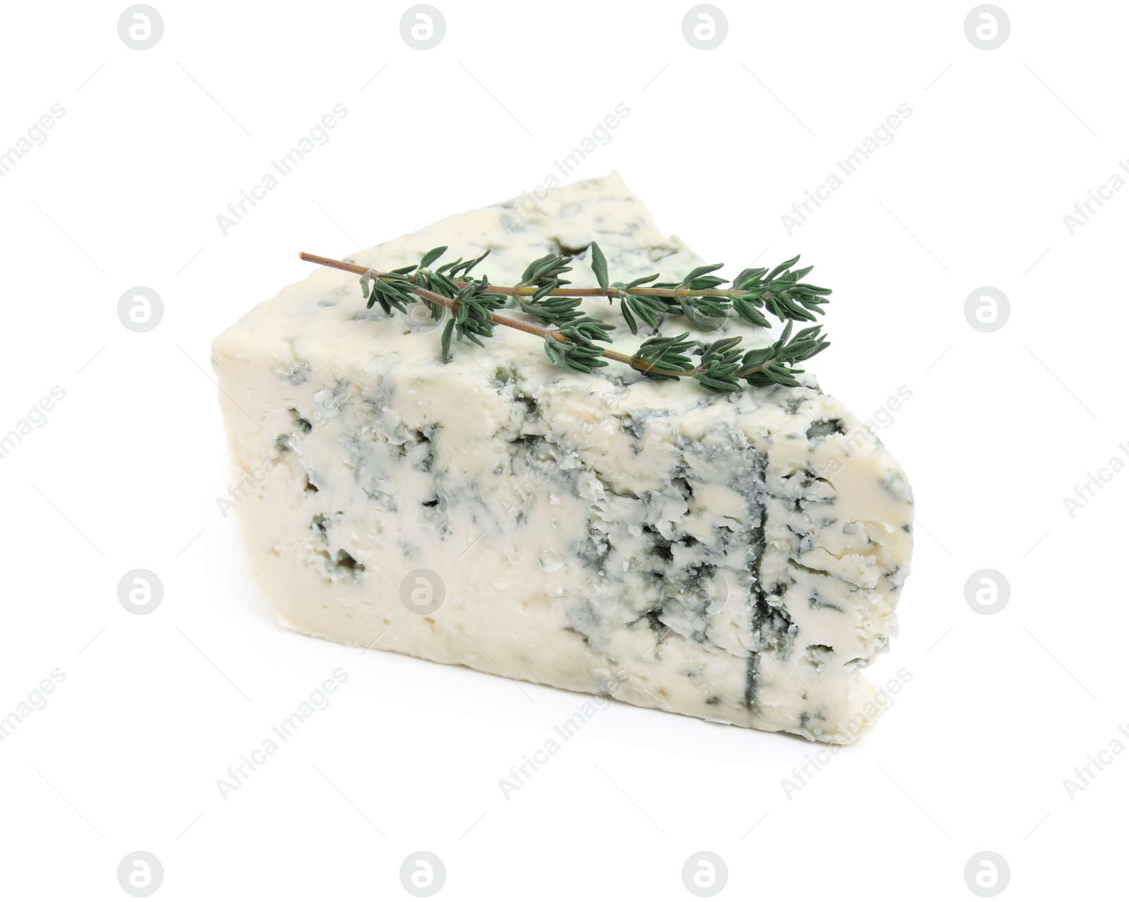 Photo of Tasty blue cheese with thyme isolated on white