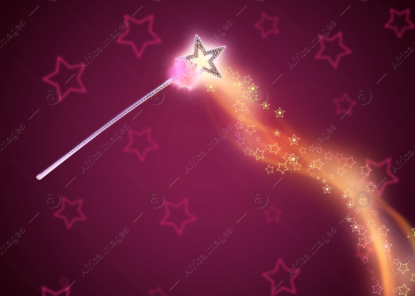 Image of Beautiful magic wand with fairy sparkle on color background