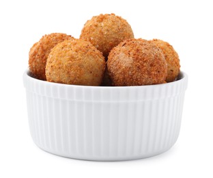 Photo of Bowl with delicious fried tofu balls on white background