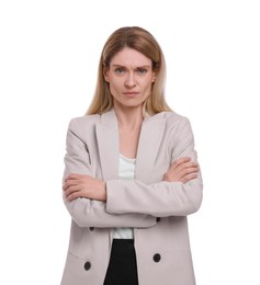 Photo of Beautiful businesswoman crossing arms on white background
