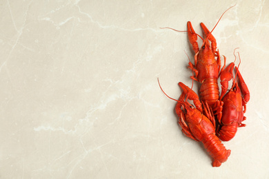 Delicious boiled crayfishes on light grey marble table, flat lay. Space for text