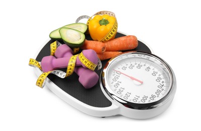 Photo of Scales, healthy food, dumbbells and measuring tape on white background