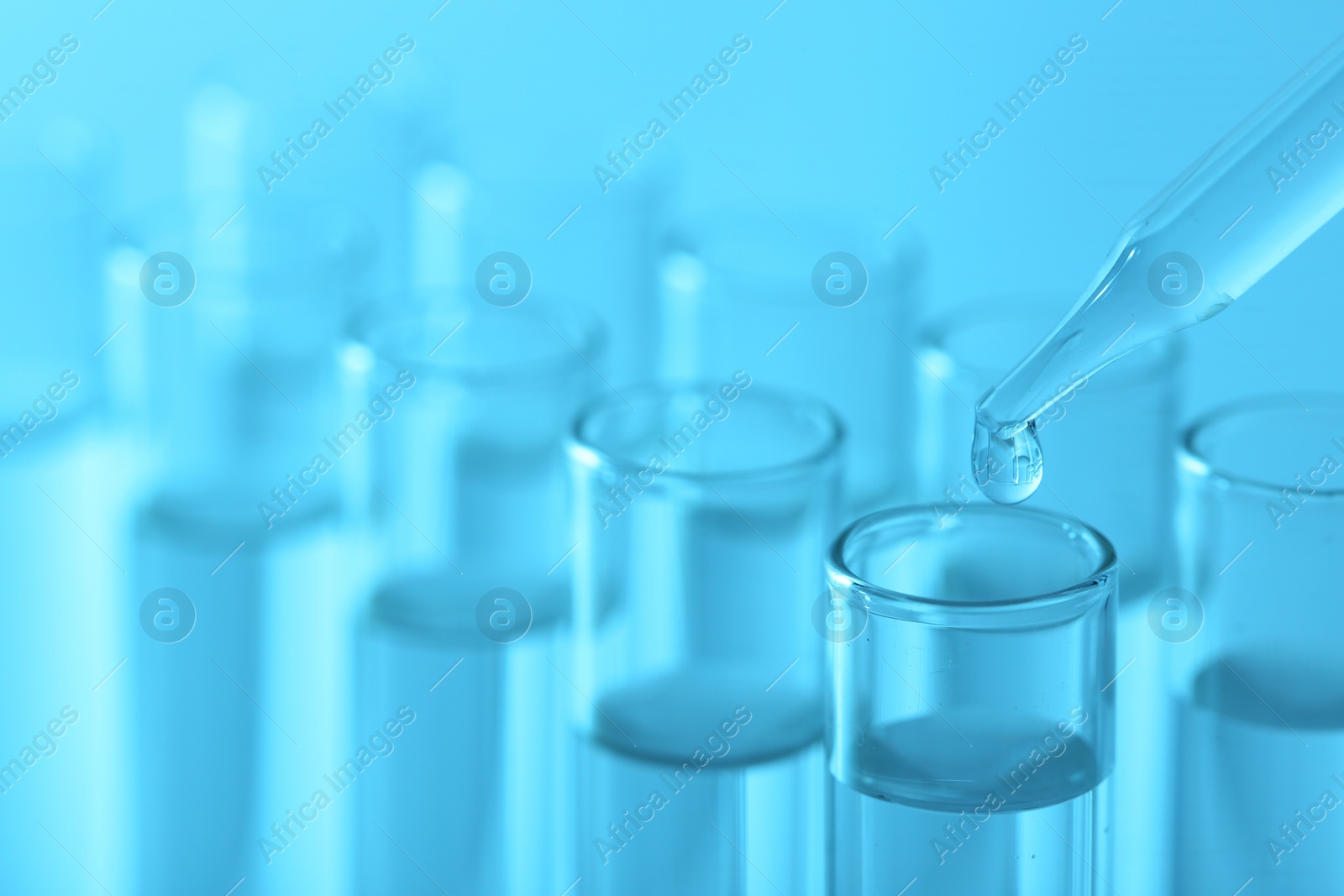 Photo of Laboratory analysis. Dripping liquid from pipette into glass test tube on light blue background, closeup