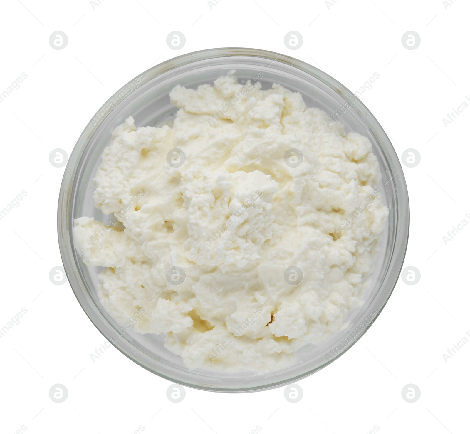 Photo of Delicious tofu cream cheese in bowl isolated on white, top view