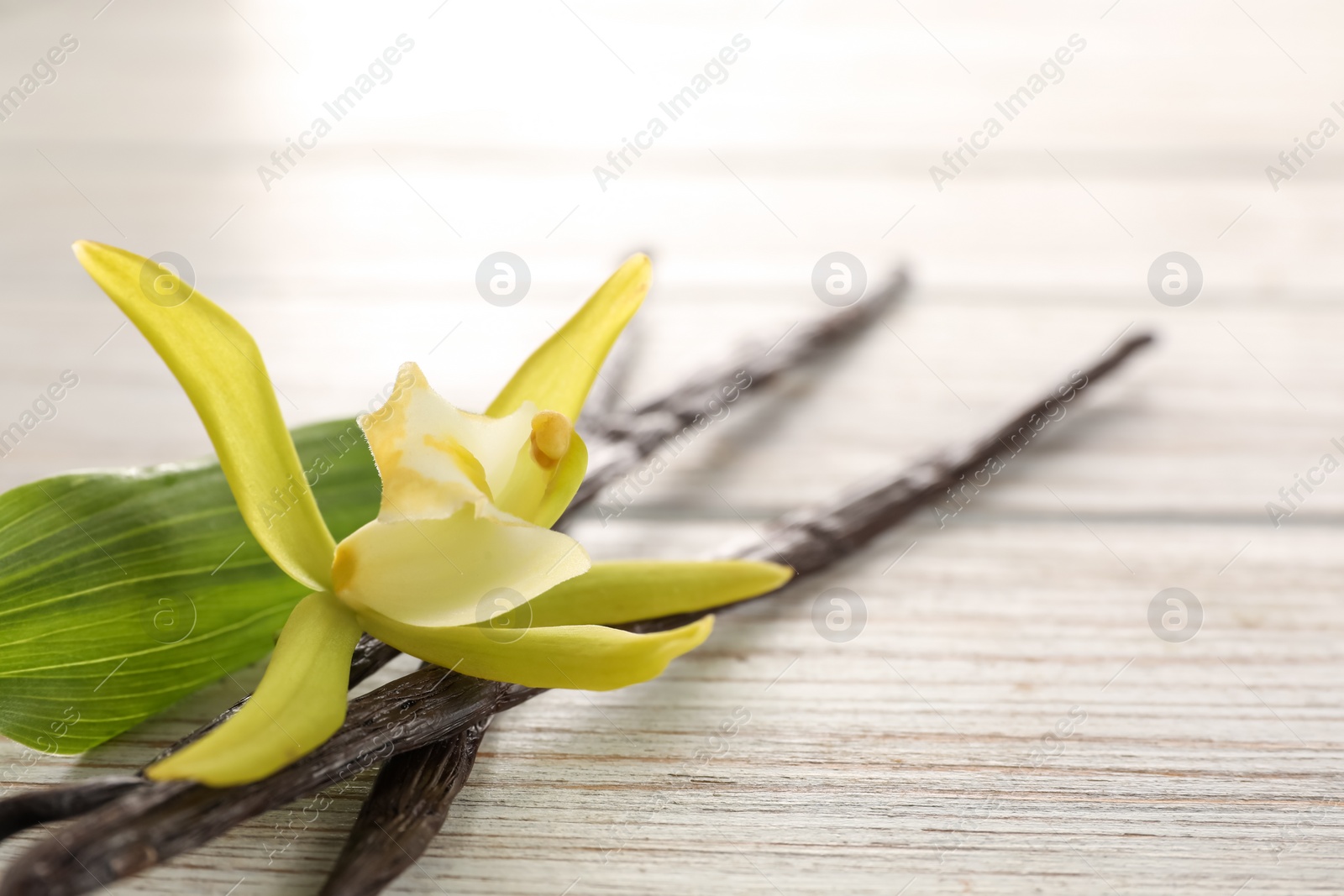 Photo of Vanilla pods, beautiful flower and green leaf on white wooden table, closeup