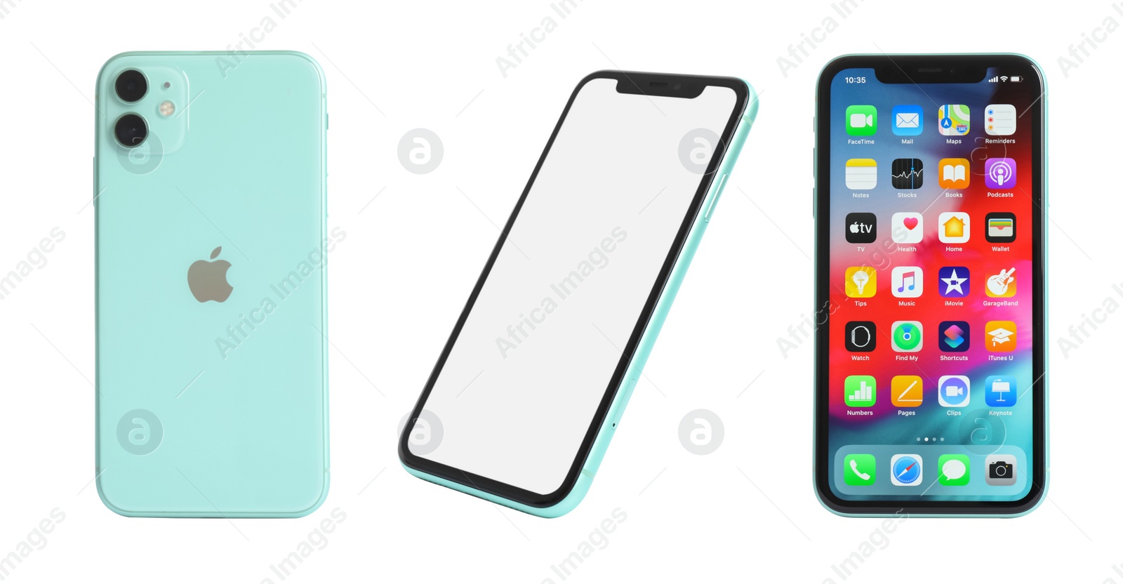 Image of MYKOLAIV, UKRAINE - JULY 07, 2020: New modern iPhone 11 with home and empty screens on white background, view from different sides