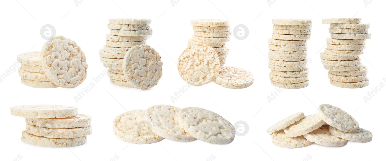 Image of Set of puffed rice cakes on white background