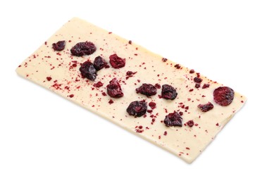 Photo of Chocolate bar with freeze dried cherries isolated on white