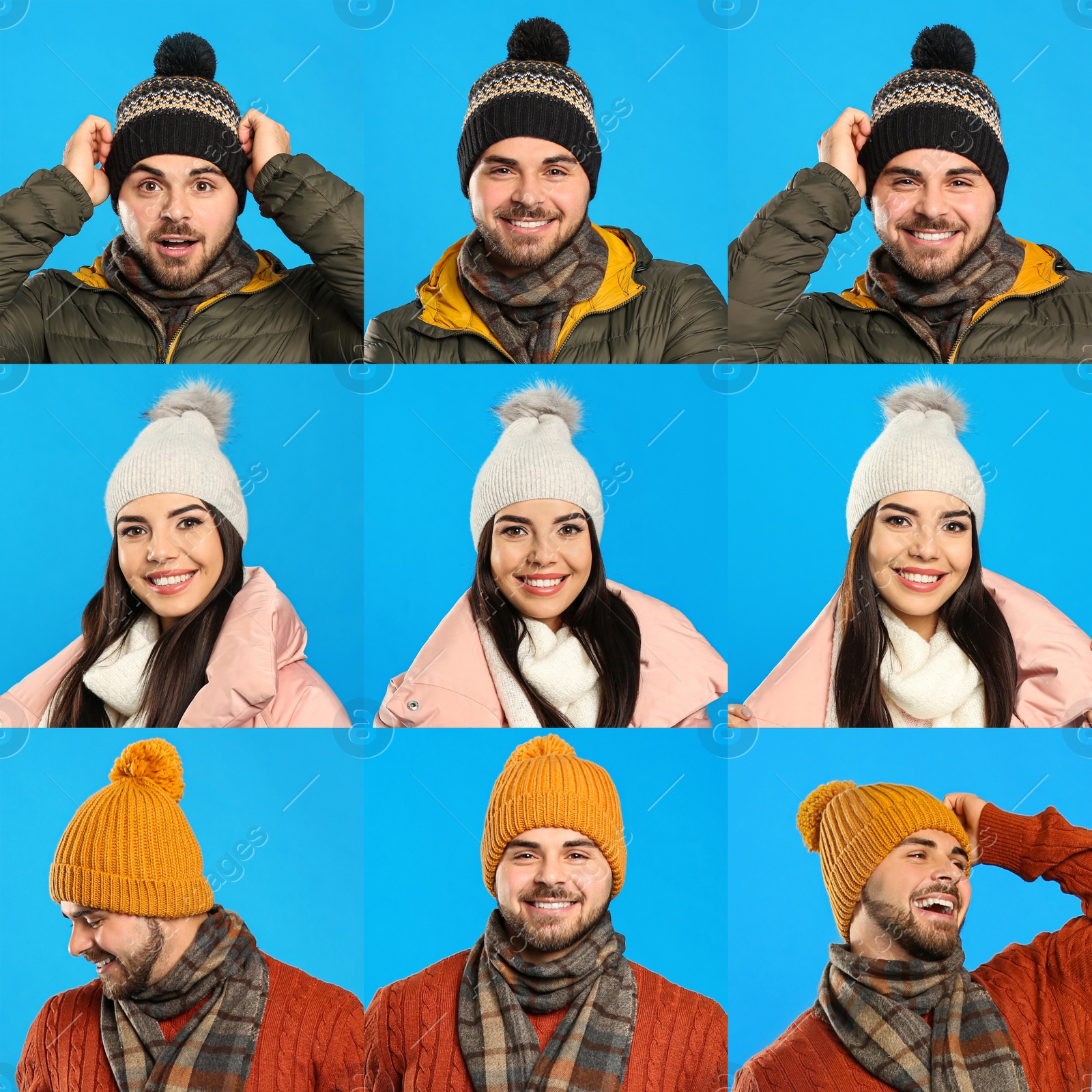 Image of Collage with photos of people wearing warm clothes on blue background. Winter vacation 