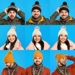 Collage with photos of people wearing warm clothes on blue background. Winter vacation 