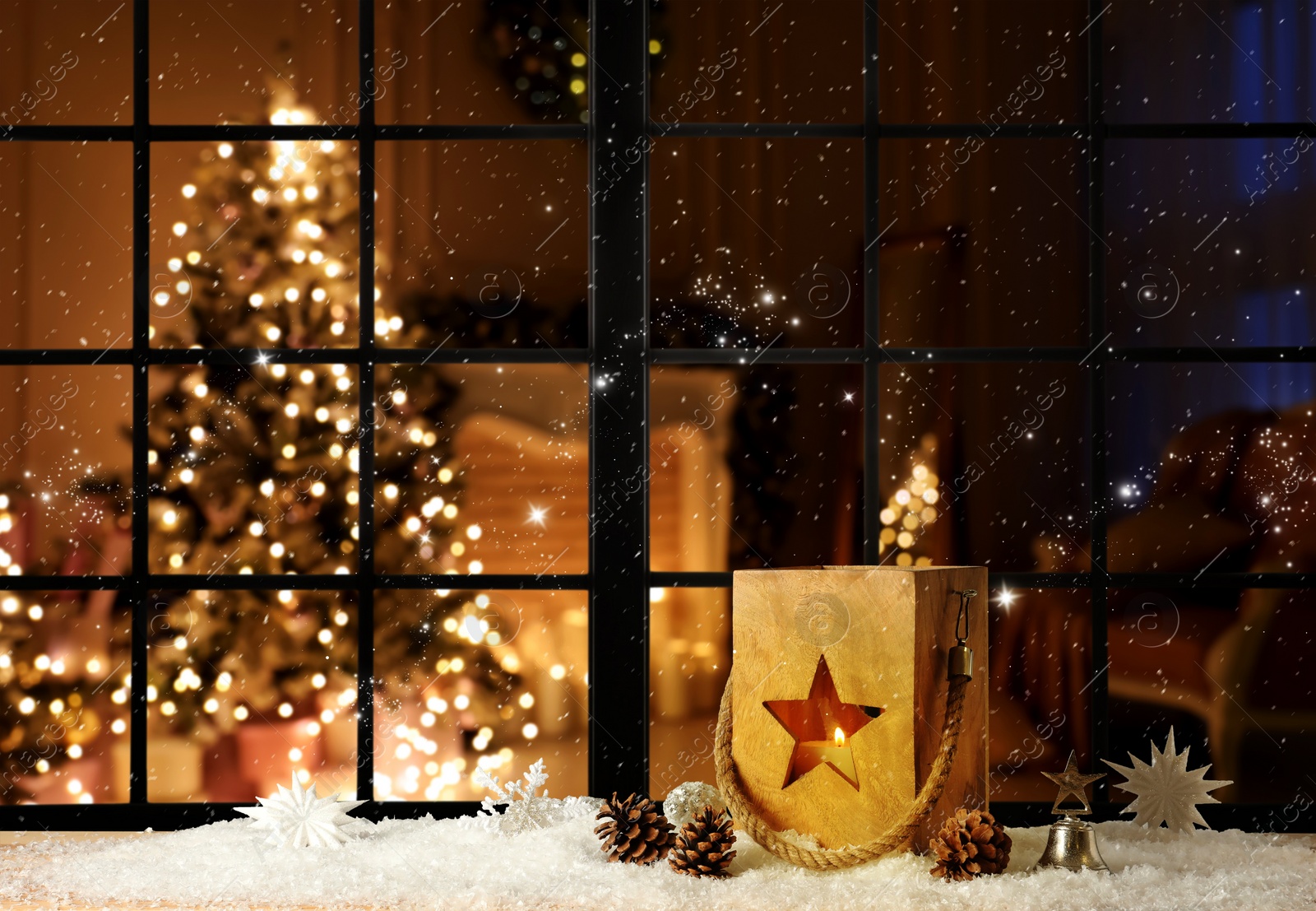 Image of Beautiful composition with wooden Christmas lantern near window