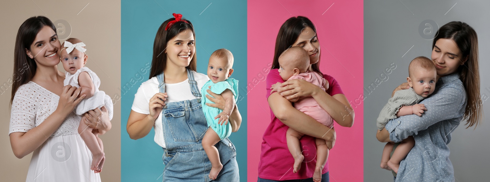 Image of Collage with photos beautiful mother and her cute baby on different color backgrounds. Banner design